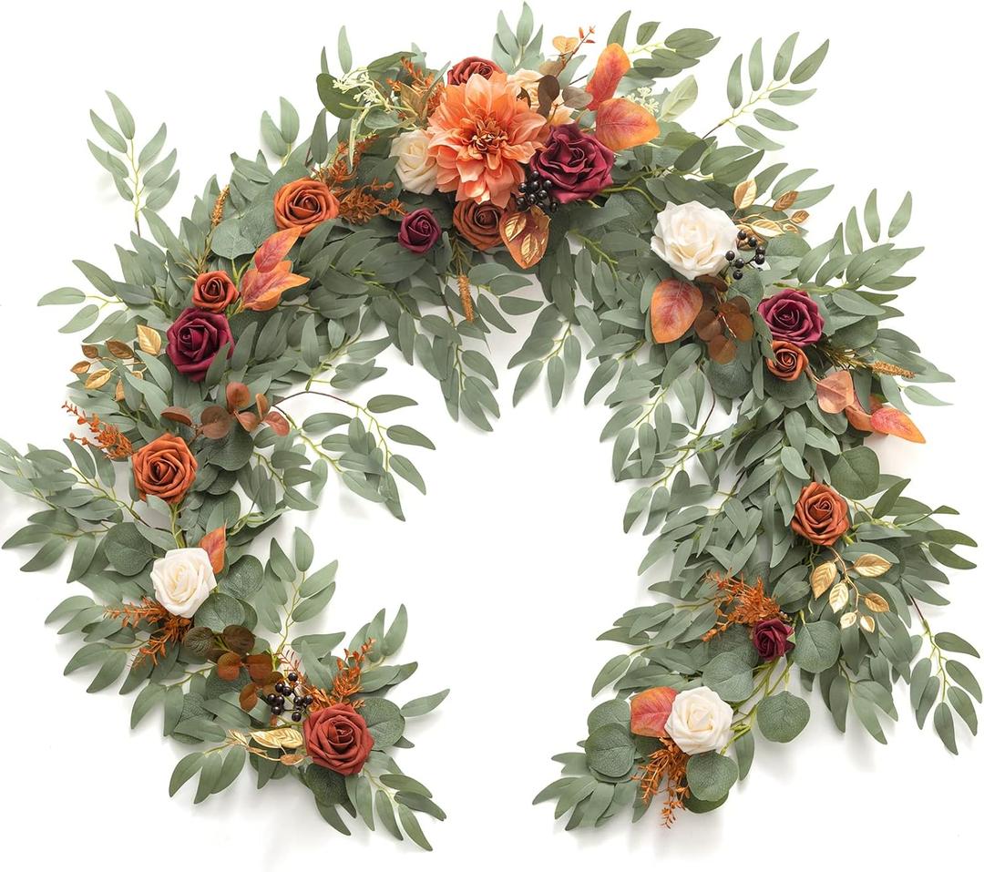 Ling's Moment Terracotta Flower Garland - 6FT Eucalyptus & Rose - Sweetheart Table Decor for Wedding Reception, Fall Artificial Floral Garland for Mantle, Christmas Decoration, Burnt Orange