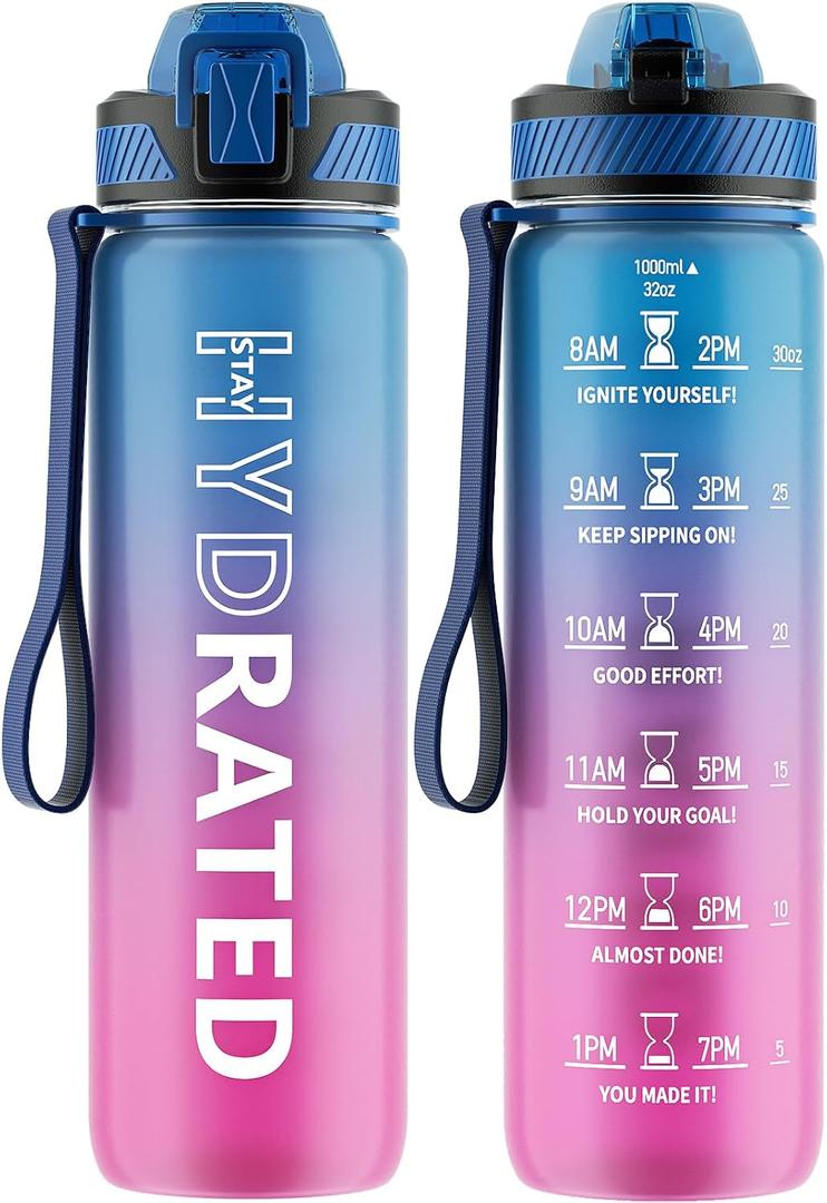 QLUR Water Bottle with Straw, 32oz Motivational Water Bottles with Time Marker to Drink, Tritan BPA Free, 1L Sports Water Bottle with Carry Strap LeakProof for Women Gym Fitness Outdoor (1 Pack)