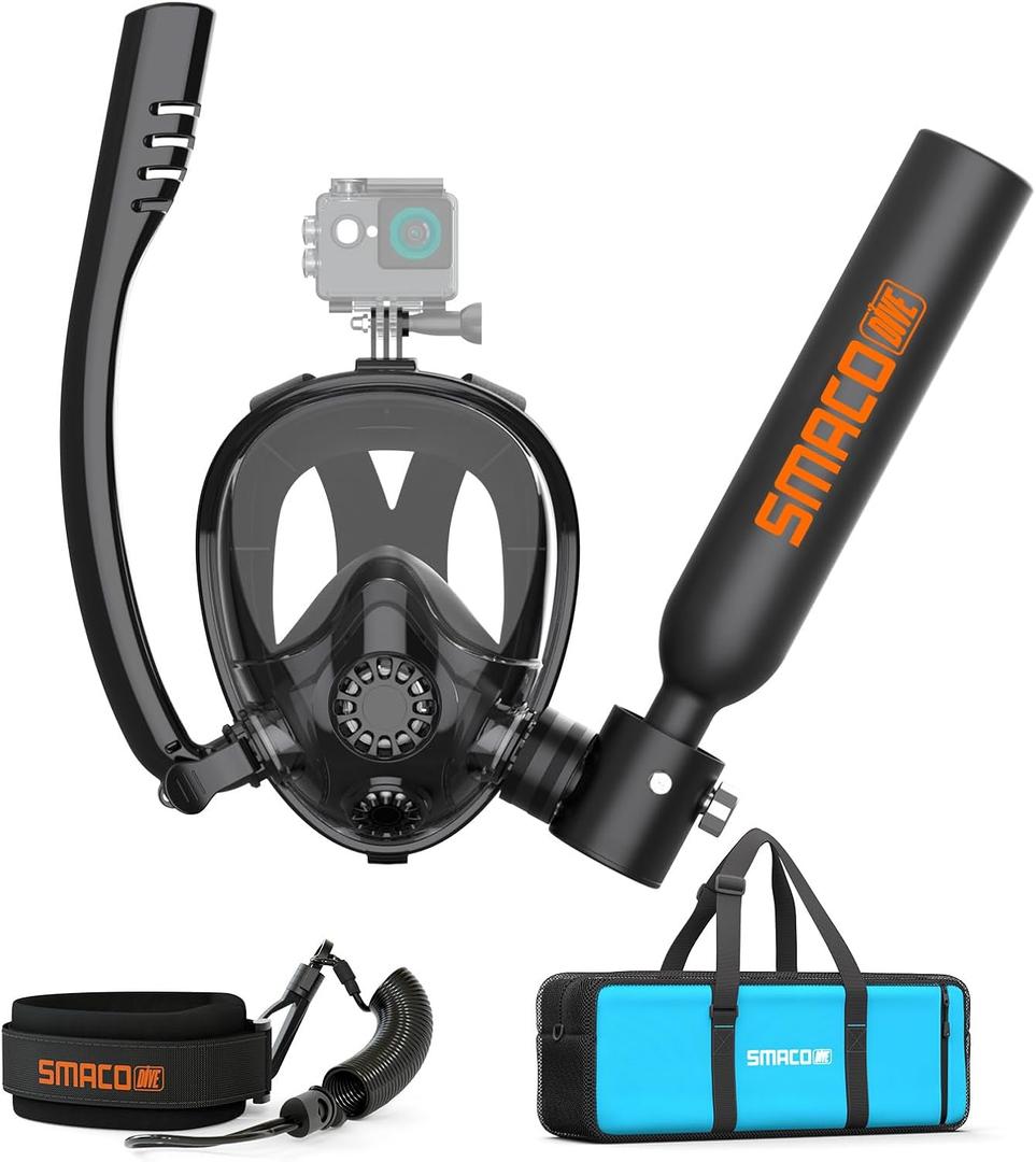 SMACO Mini Scuba Tank with Full Face Mask Reusable 0.5L Diving Tank with Snorkel Mask Portbale Pony Bottle with Hand Pump for Shallow Water Diving Emergency Rescue