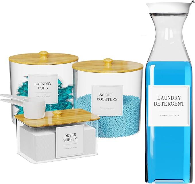 3+1 Pack Laundry Pods Containers & Dryer Sheet Holder & Laundry Detergent Dispenser, Laundry Room Organization and Storage Jars with Lids, Labels and Scoops for Scent Booster Powder Pods, Black Lid