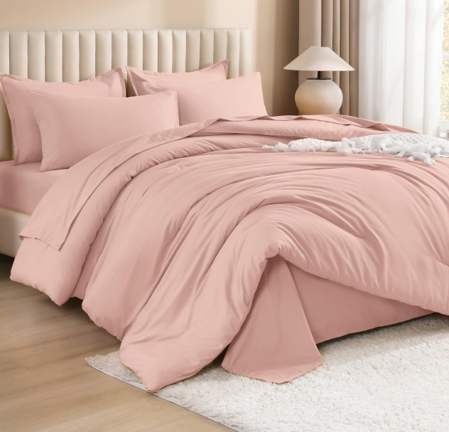 Litanika Comforter Queen Size Set Blush Pink - 7 Pieces Bed in a Bag Queen Bedding Comforter Sets, Plain Lightweight Bed Set with Comforter, Sheets, Pillowcases & Shams 
