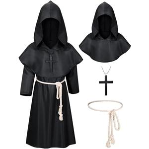 Kids Medieval Renaissance Monk Costume Priest Friar Wizard Cloak Hooded Robe Cosplay Costume Belt Necklace Set - Missing Accessories