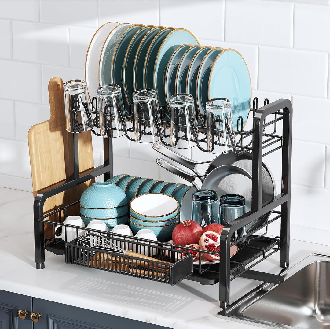 2 Tier Dish Drainers Drying Rack for Kitchen Counter Large Stainless Steel Dishes Drain with Drainboard, Space Saving, Big Modern Black Countertop Metal Plates Dryer Strainer Holder and Extra Tray