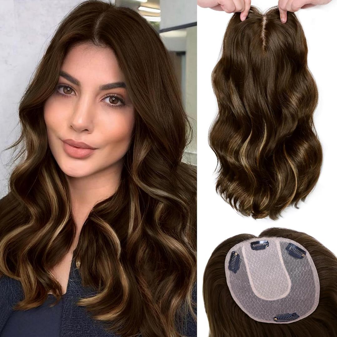 NAYOO Short Wavy Brown Toppers 16inch with Bangs - 6 * 5.5 Inch Large Base Synthetic Clip In Hair Topper (Ash Brown Mix Blonde)