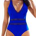 AI'MAGE Women One Piece Swimsuit Sexy V Neck Bathing Suits Tummy Control Swimsuits Mesh Hollow Out Swimwear (Large, Blue)