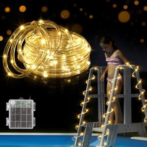 21.3 ft Pool Ladder String Lights, 60 LED Warm White Lights with 60 Clips, Waterproof, Battery Operated, 4 AA Battery Box, 8 Modes, for Outdoor Swimming Pool Ladder Decoration
