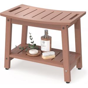 Shower Bench for Inside Shower, Teak-Color HDPE Shower Stool Waterproof, Spa Bathroom Seat Chair with Handle, Storage Shelf & Adjustable Feet - Indoor/Outdoor, Weather Resistant (Large 21x12.5x17 Inch, Brown)