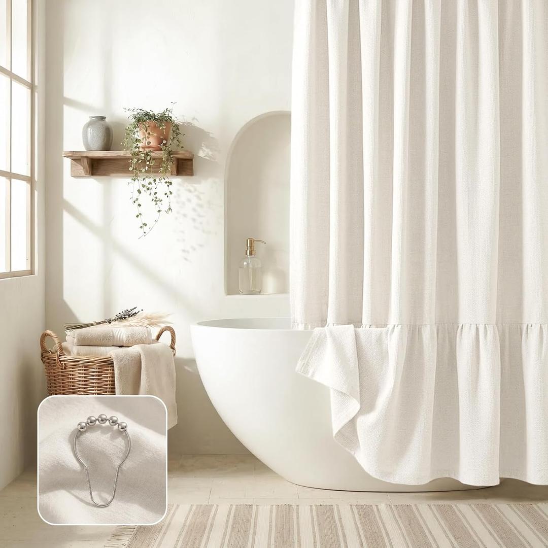Linen Shower Curtains for Bathroom - Farmhouse & Boho Shower Curtains, Neutral Textured 1:2 Ruffled Shower Curtain, Spa-Like Bathroom Decor, Easy Care, 72" W x 72" L, White (with 12 Hooks)