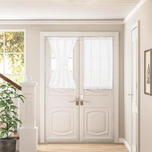 White Linen Door Curtains 40 Inch Length for Front French Door Semi Sheer Rod Pocket Sidelight Drapes Short Light Filtering Privacy Farmhouse 2 Panels W25xL40