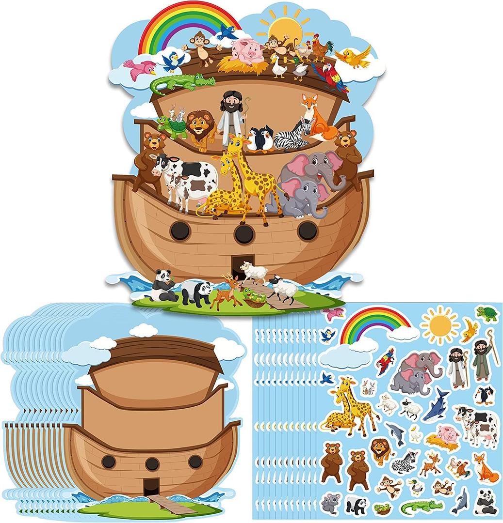 Haooryx Easter Noahs Ark Stickers - 12 Sets Make Your Own Noahs Ark Animal Scene Decoractive Stickers Self-Adhesive Waterproof Vinyl Page Activity Pad Easter Birthday Holiday Party Favor DIY Event