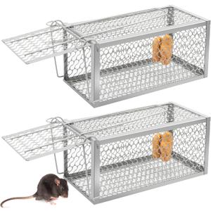 Qualirey 2 Pcs Humane Rat Trap Chipmunk Rodent Mouse Squirrel Trap Small Live Animal Mouse Voles Hamsters Live Cage Rat Mouse Cage for Mice Easy to Catch and Release (Silver)