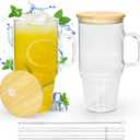 Glass Cups with Lids and Straws 32 oz Glass Tumbler with Straw and Lid 2 Pack Glass Tumbler with Handle Wide Mouth Iced Coffee Cups for Smoothies, Soda, Tea, with Bamboo Lids