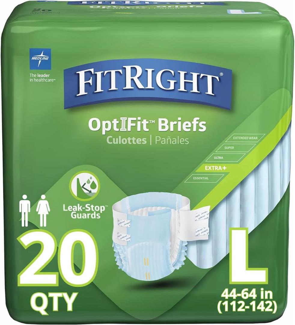 FitRight OptiFit Extra+ Adult Diapers with leak stop guards, Disposable Incontinence Briefs with Tabs, Moderate Absorbency, Large, 44"-56", 20 Count (Pack of 4) (Large (80 Count))