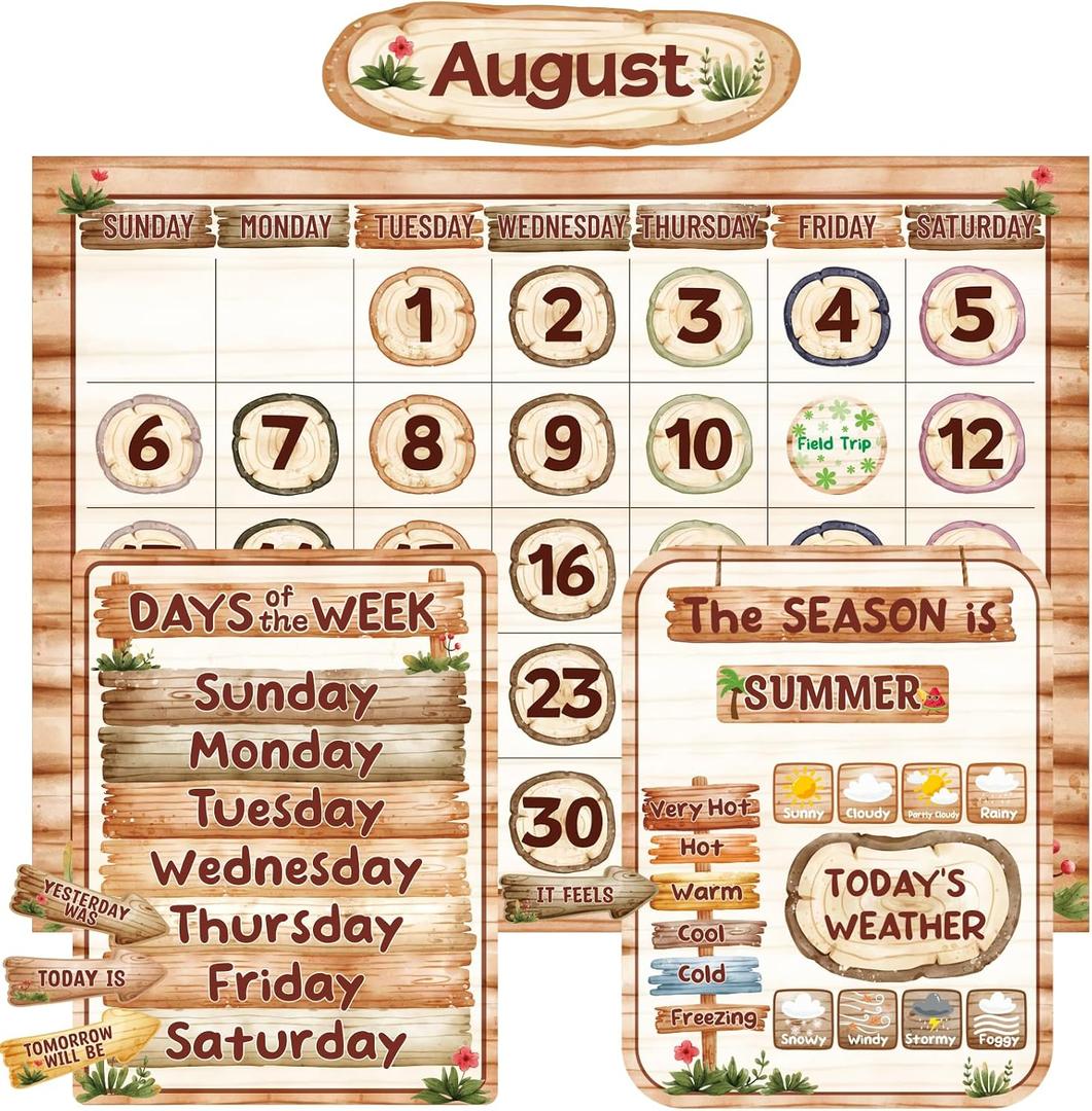 Fancy Land Rustic Classroom Calendar Bulletin Board Set Wood Grain Design Classroom Bulletin Board Decoration 97 Pcs, 23 x 17 inches