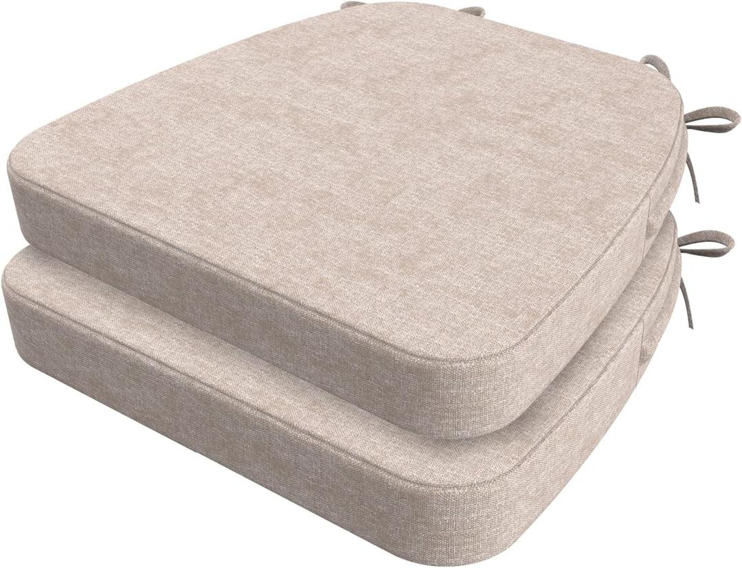 AAAAAcessories D-Shaped Chair Cushions, 2" Thick Dining Chair Pads with Ties and Removable, Machine-Washable Cover, 17" x 16", Set of 2, Beige