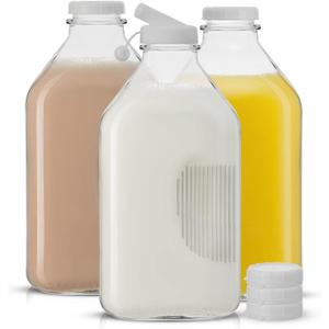 JoyJolt Glass Milk Bottles with Lids and Pourer – 64 Oz, 3 Pack Airtight Heavy Duty Reusable Glass Bottles, Leakproof, BPAFree, Food Grade, Dishwasher Safe Jug, Pitcher for Milk, Juice, and Water