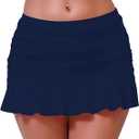 Halcurt Women's Low Waisted Ruched Ruffle Mini Swim Skirts with Hipster Bikini Bottoms Tummy Control Swimsuit (Large, Navy)