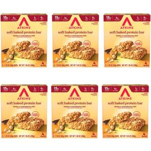 Atkins Soft Baked High Protein Bars, Vanilla Macadamia Nut Flavor, 15g Protein, 4g Net Carbs, 2g Sugar, Excellent Source of Fiber, High Protein, 6 pack (4 bars each) BB 9/15/26