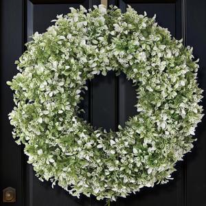 26" Artificial Boxwood Wreath for Front Door - Large Faux Aglaia Odorata Wreath, Fake Eucalyptus Leaves Plants for Wall Window Farmhouse Outdoor Decor - Spring, Summer, All Seasons (White-Green)