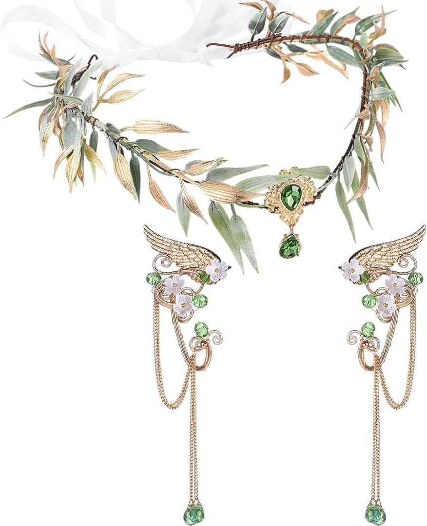 Zeyune Halloween Elves Cosplay Set Fairy Flower Crown Headpiece Elf Ears Cuffs Renaissance Costume Leaf Elves Wings Ear Cuff (Green)