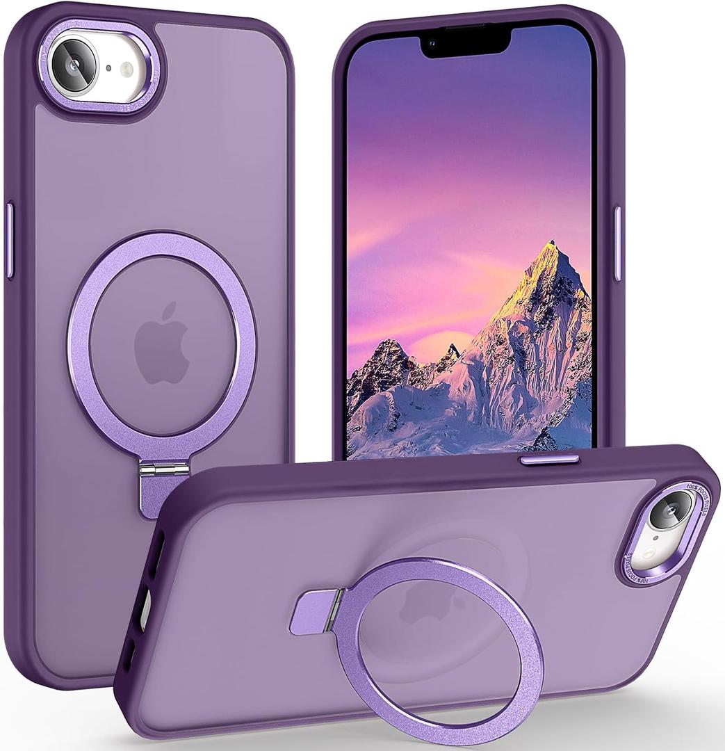 Magnetic for iPhone 17e Case & iPhone 16e Case with Ring Stand, [10 FT Drop Protection] [Velvety Touch] Slim Translucent Matte Back Shockproof Phone Case for iPhone 17e 6.1'', Dark Purple