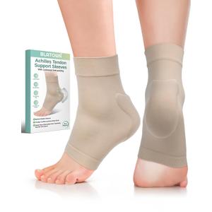 Achilles Tendon Support with Silicone Heel Protector Cushion Pad, Achilles Tendonitis Relief Sleeve Brace Compression Socks for Women Men Plantar Fasciitis, Bursitis, 1 Pair (Beige, Large)