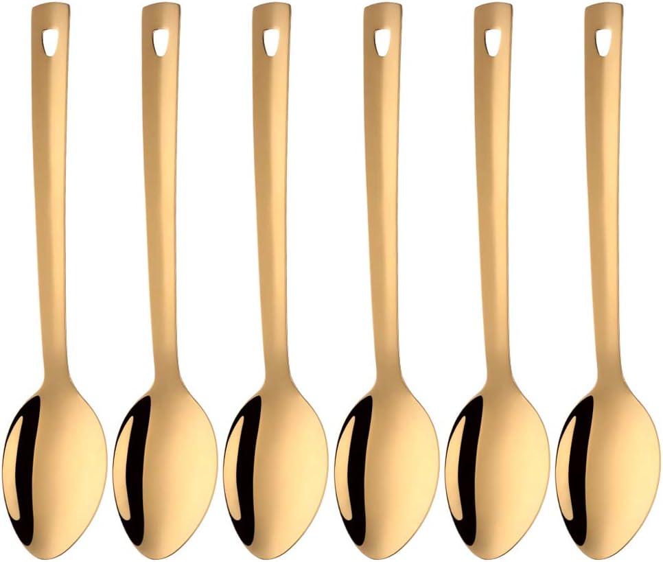 Stainless Steel Serving Spoons: Long Handle Flatware Set of 6 - Large Metal Kitchen Serving Tablespoons for Buffet Banquet 13-Inch Gold
