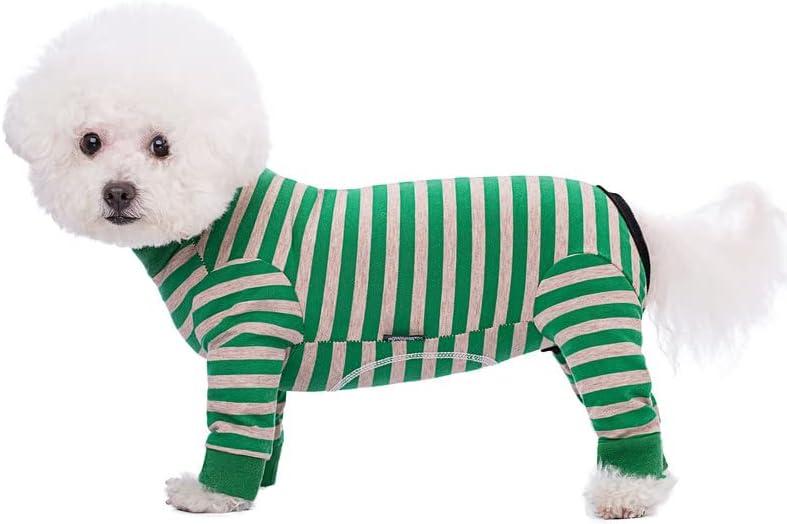 Dog Striped Recovery Suit, Puppy After Surgery Onesie for Female Male Dogs, Dogs Cats Long Sleeve Pajamas Bodysuit, Surgery Abdominal Wound Bandages Clothes, Dog Pant for Shedding Skin Disease (Medium, Green)