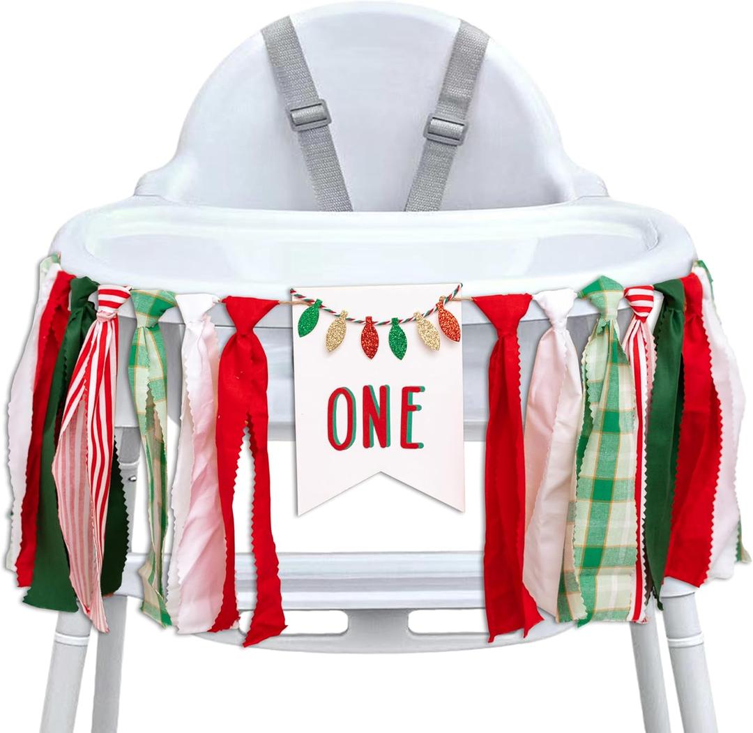 Christmas High Chair Banner - Red and Green One Sign Banner for 1st Birthday Decorations,Merry Christmas Garland,Xmas Birthday Party Supplies (christmas light banner)