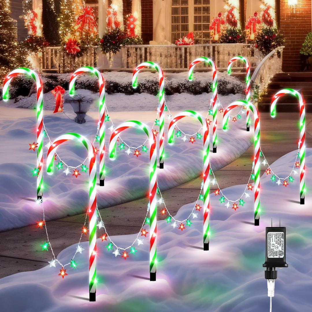 ElectricWise Candy Cane Lights Outdoor, 21 Inch Christmas Pathway Lights, Set of 10 Outdoor Xmas Decorations with 8 Modes for Holiday Patio Yard Garden(Red Green White)