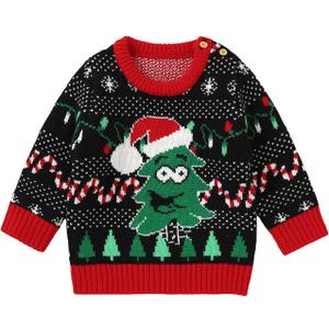 Toddler Christmas Sweater Infant Baby Boy Girl Reindeer Ugly Sweaters Funny Xmas Outfit Warm Knit Clothes (12-18 Months, Black Ugly Tree)
