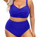 DACI Women Two Piece Swimsuit High Waisted Bikini Halter Vintage Retro Bathing Suit Push up Swimwear, L, Royal Blue