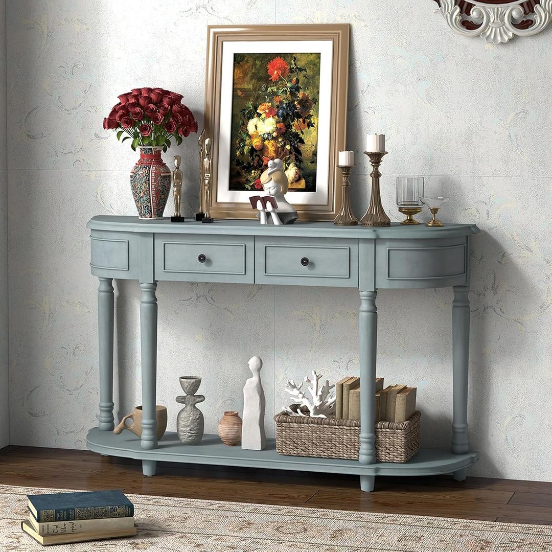 Vintage Console Table with Storage, Wooden Entry Table with 2 Drawers, Open Shelf, Solid Wood Legs, Retro, Classic Long Narrow Sofa Table for Entryway, Living Room, Hallway, Blue