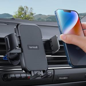 Lamicall 2025 Wider Clamp & Metal Hook Car Phone Holder Vent [Thick Cases Friendly] Phone Holders for Your Car Mount Automobile Hands Free Cradle Air Vent for iPhone 17 16 15 Pro Max Dark Grey