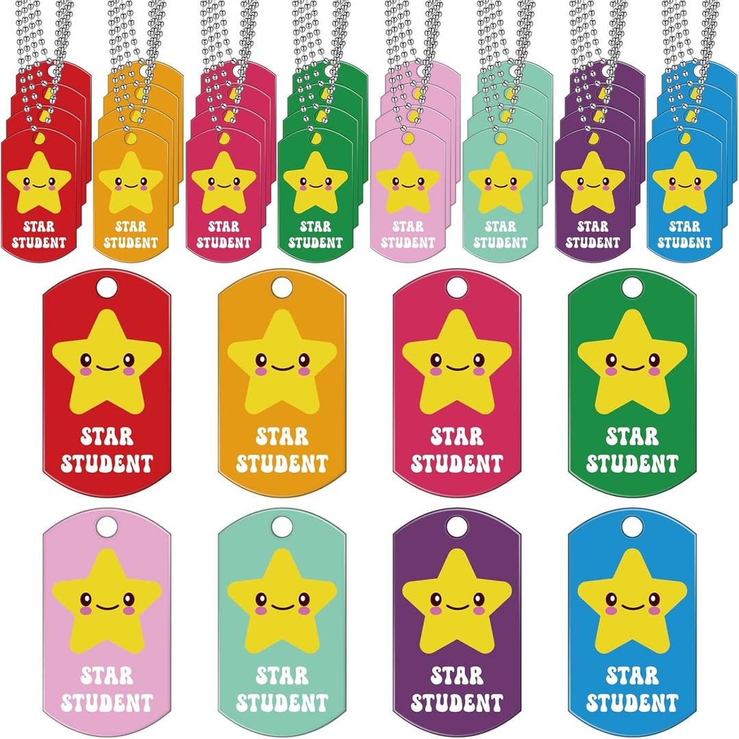 32 Pcs Student Incentives Acrylic Star Student Tags with Chains Recognition Tag Education Awards Prizes Bulk for School Classroom Reward Teacher Supplies, 8 Styles