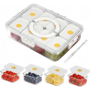 Premium Leak-Proof Snackle Box Container with 8 Clear Compartments & 8 Airtight Lids | Portable Clear Snack Tray with Lid & Handle | Divided Serving Tray for Fruits, Snacks, Sauces, Veggie & More