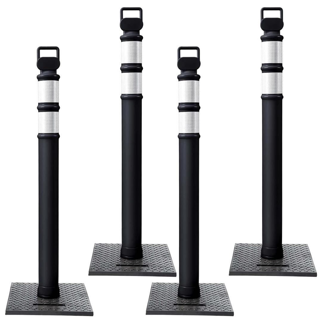 Kanayu 49 Inch Traffic Delineator Posts with 8.8 Lbs Rubber Base PE Delineator Post Portable Parking Pole Traffic Cone Barrier with Removable Base, Reflective Band(4 Packs,Black)