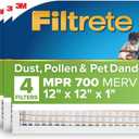 Filtrete 12x12x1 AC Furnace Air Filter, MERV 8, MPR 700, Tough on Pollen, Easy on Airflow, 3-Month Pleated 1-Inch Electrostatic Air Cleaning Filter, 4-Pack (Actual Size 11.813 x 11.813 x 0.81 in)
