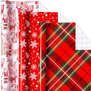 MAYPLUSS Christmas Wrapping Paper Rolls - 17" X 120" Per Roll - Classic Vintage Funky Red Santa Claus, Snowflakes, and Plaid Pattern Christmas Gift Wrap Present Paper for Holiday, Festive Celebrations