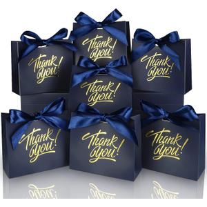 60 Pack Small Thank You Gift Bags, 4.5x1.8x3.9in Party Favor Bags Boxes with Bow Ribbon, Small Paper Gift Bags with Gold Foil Printed, Mini Candy Treat Bags for Birthday Wedding Party Holiday (Navy)