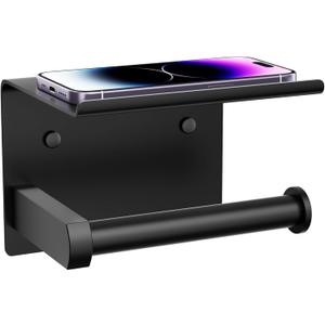 Tindbea Toilet Paper Holder with Phone Shelf, Adhesive or Screw Wall Mount Toilet Tissue Roll Holder, Rustproof & Multifunctional Stainless Steel Bathroom Storage Dispenser (Matte Black)