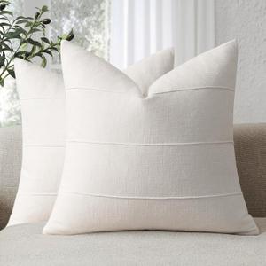 Decorative Linen Throw Pillow Covers 22x22 Set of 2 Solid handcrafted Striped Cushion Covers for Bed Soft Modern Farmhouse Neutral Pillowcase for Couch Bedroom Living Room Home Decor(Cream White)