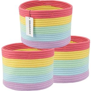 XUANGUO Woven Cotton Rope Storage Baskets - 3-Pack Round Bins for (10x10x7'') Shelves, Closets & Bookcases | Durable Rope Organizers for Nursery, Baby, Gifts, Easter & More (rainbow)