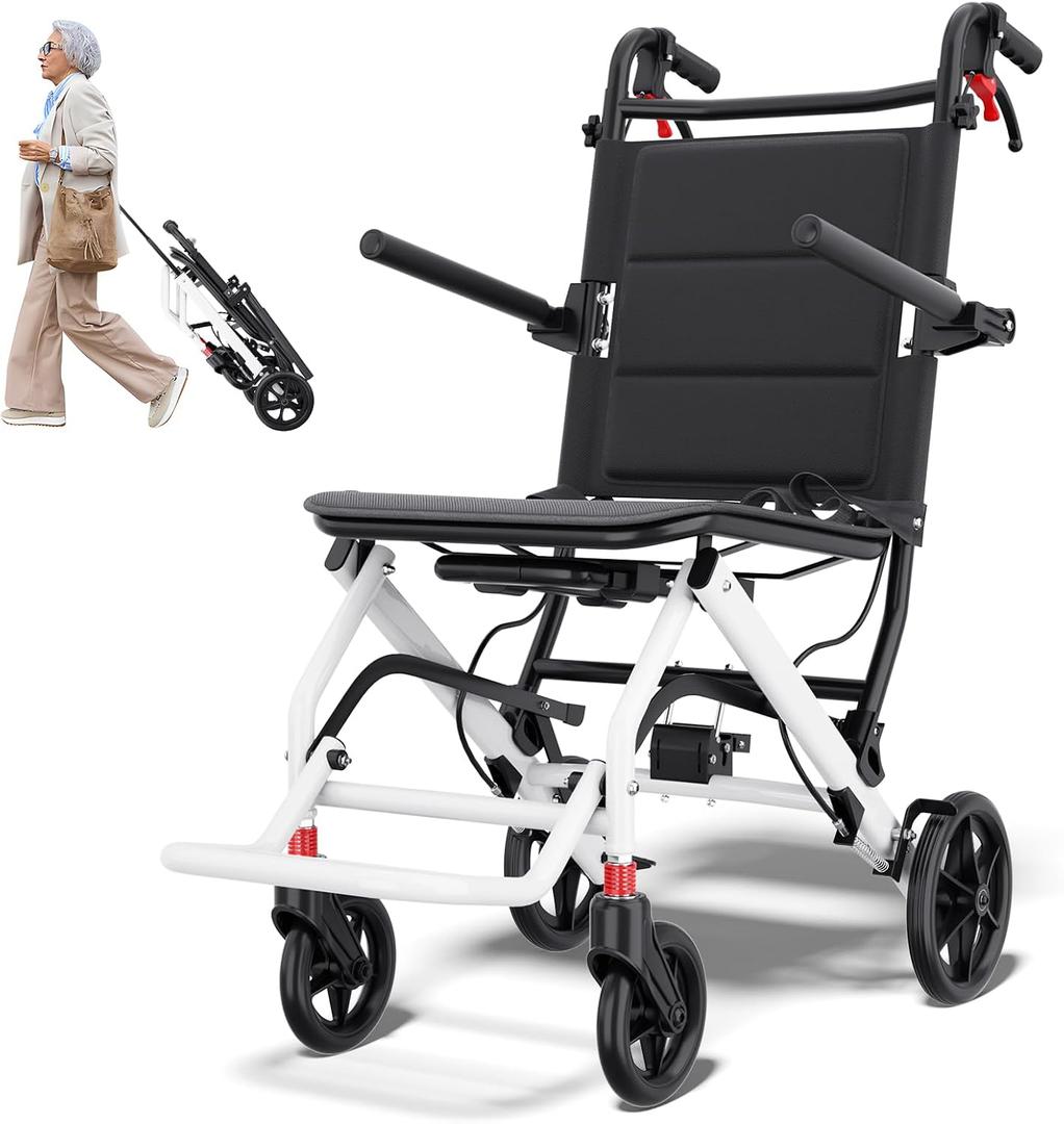Super Lightweight Transport Wheelchair. Easy to Travel, Locking Hand Brakes, User-Friendly, Folding, Portable. for Adults or Child (up to 220lbs)