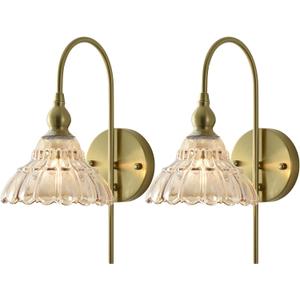 Vintage Wall Sconces with Amber Flower Glass Lampshade, Indoor Bath-Room Wall Sconce, Modern Gold Industrial Lighting Fixture for Mirror Living Room Hallway 2 Pack