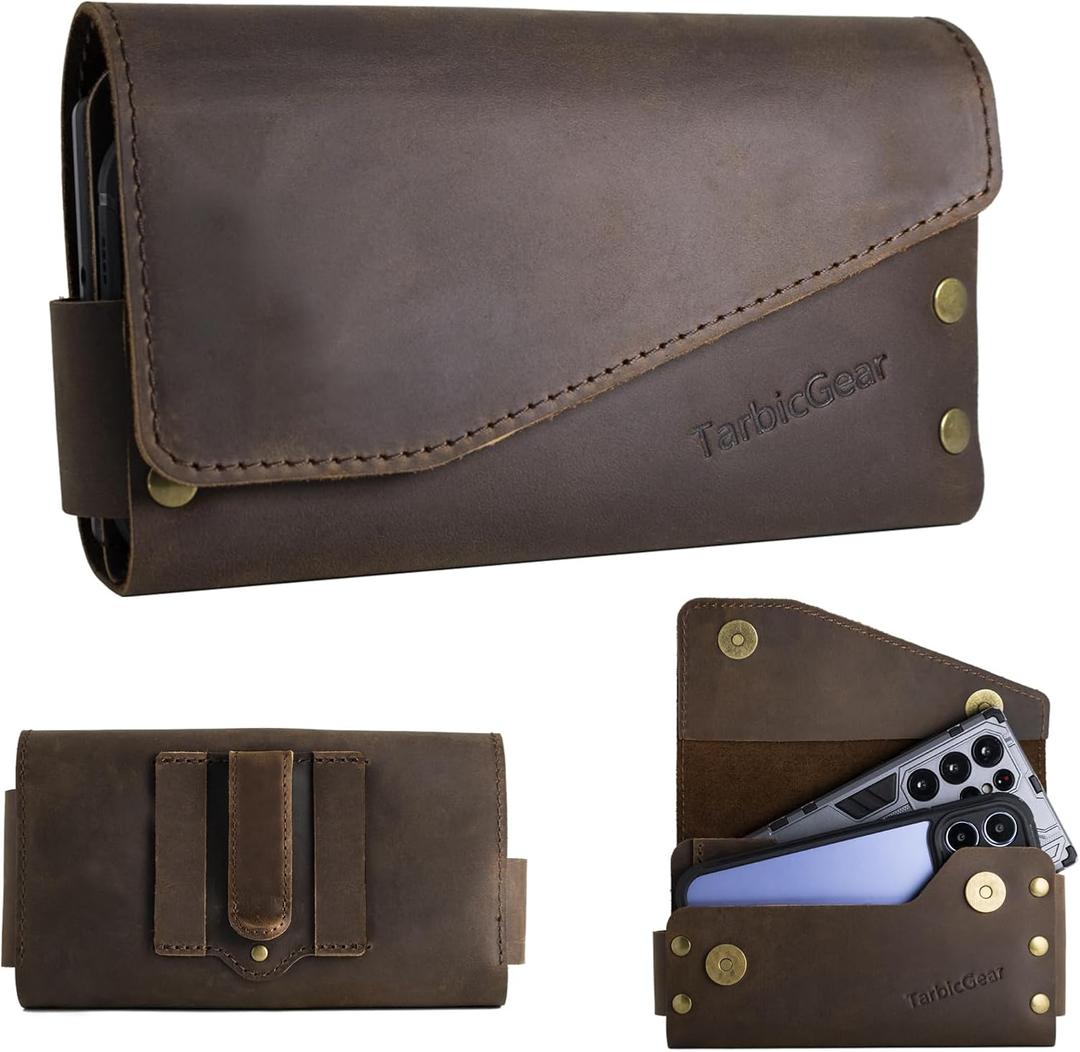 Leather Double Phone Case for Two Phones, Double Phone Holster for Men Belt, Belt Clip Dual Phone Pouch for iPhone 16 Pro Max, Samsung Galaxy S23 Ultra, for Work, Construction, Large Brown