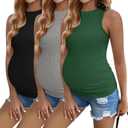 Ekouaer Women Maternity Tank Tops 3 Packs Crew Neck Ribbed Pregnancy Shirts Mama Clothes (Medium, 3pcs Black/ Grey/ Dark Green)