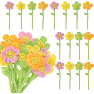 16 Pack Pastel Plush Flowers with Bendable Stems, Stuffed Sunflower Bouquet Toy with Smiley Face, 12 Inch Soft Artificial Flower for Curtain Tiebacks, Nursery Room Decor