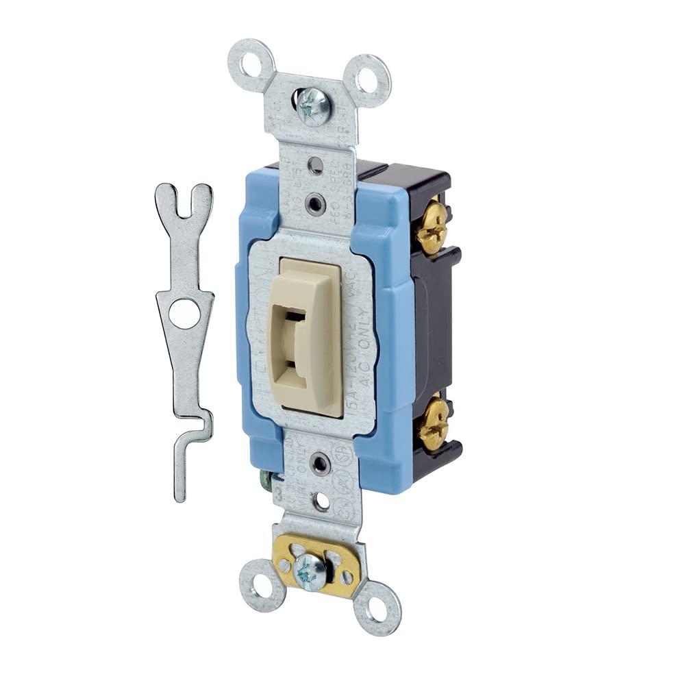 Leviton 15 Amp, 120/277 Volt, Toggle Locking Single-Pole AC Quiet Switch, Extra Heavy Duty Grade, Self Grounding, 1201-2IL, Ivory
