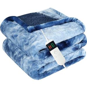 Electric Heated Blanket Throw 50''x60''Size Faux Fur Heating Blanket 10 Heating Settings, 1-8h Timer & Overheat Protection, Machine Washable, Soft Flannel and Sherpa Full Body Warmth